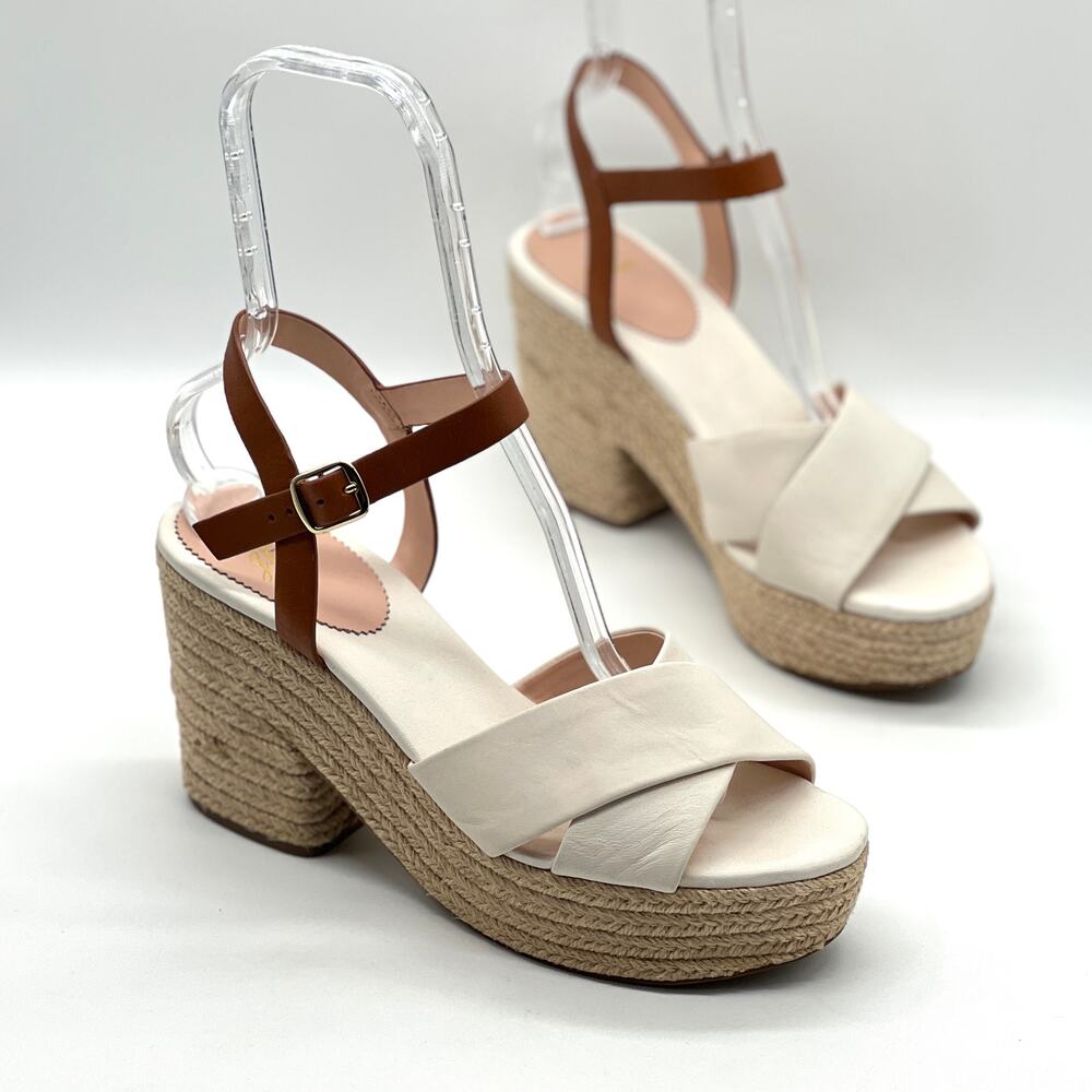 J CREW Platform Espadrille Sandal Womens 10 Off White Tan Ankle Strap Leather